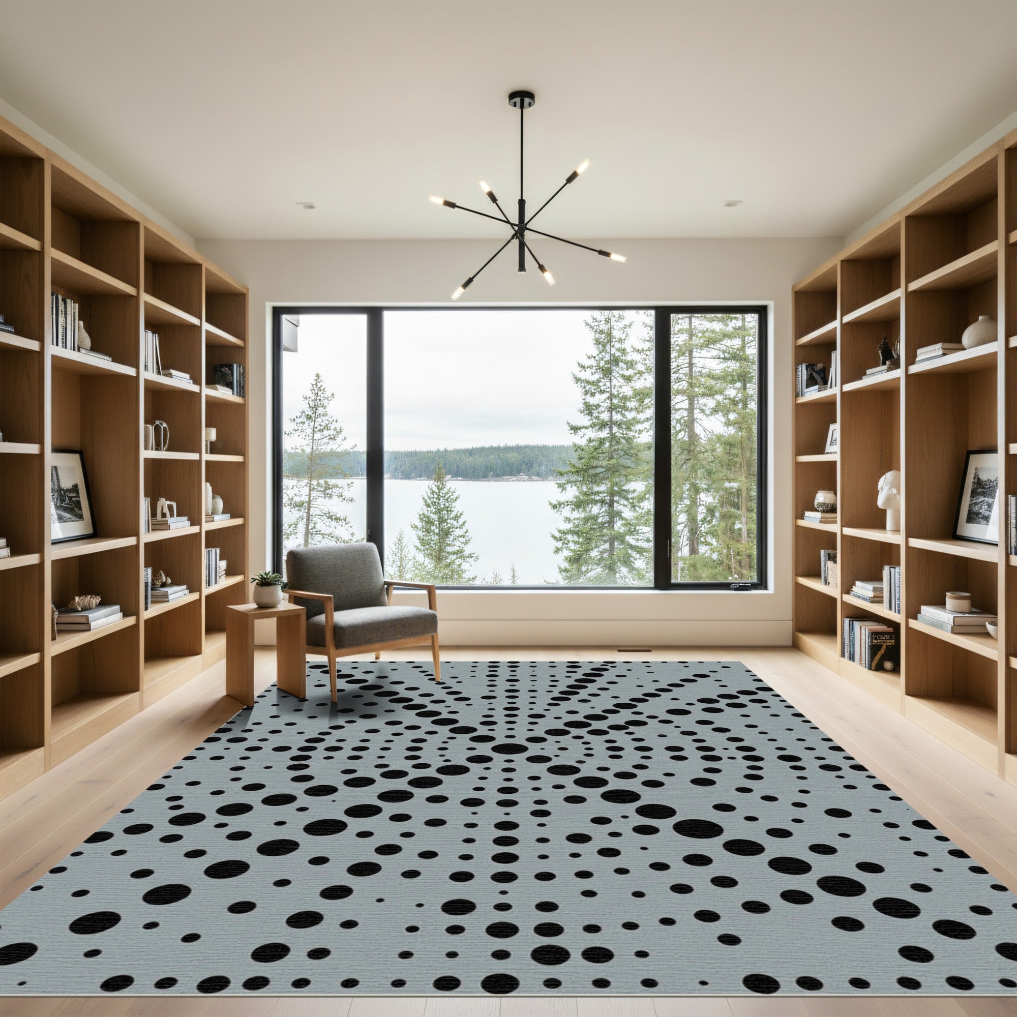 Gray Black Dot Radial Swirl Rug