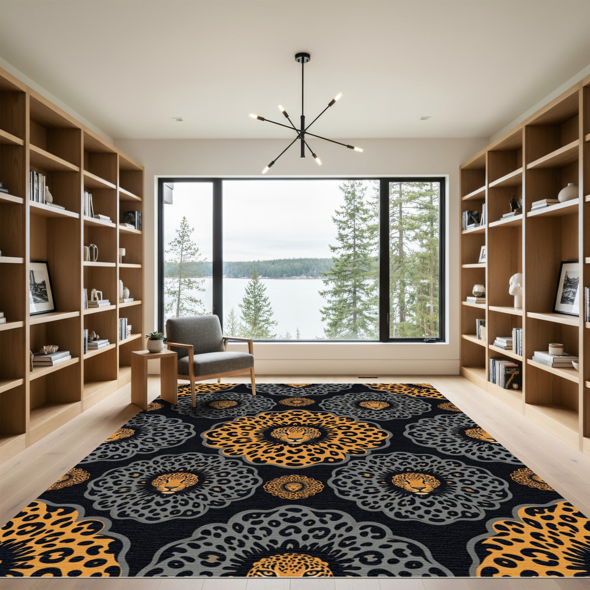 Gold and Charcoal Leopard Medallion Rug