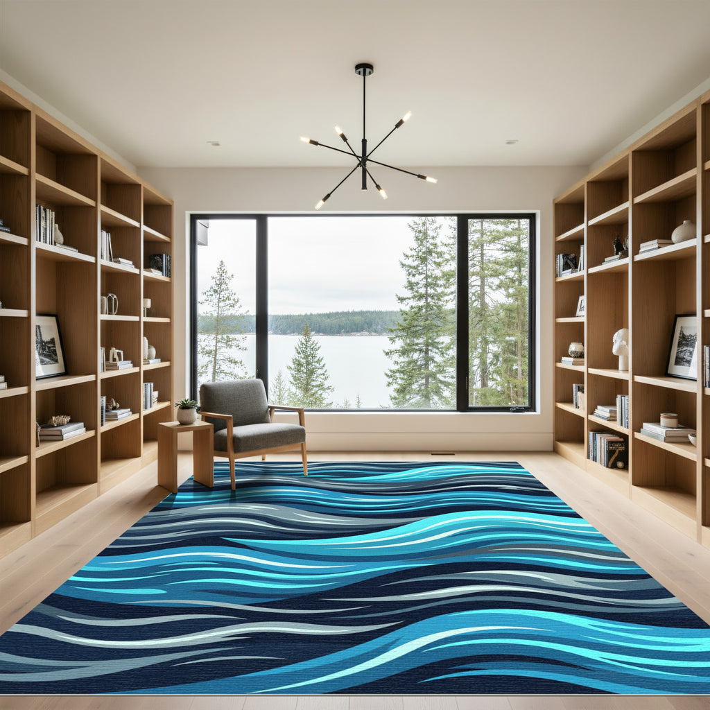 Oceanic Blue Serpentine Waves Rug