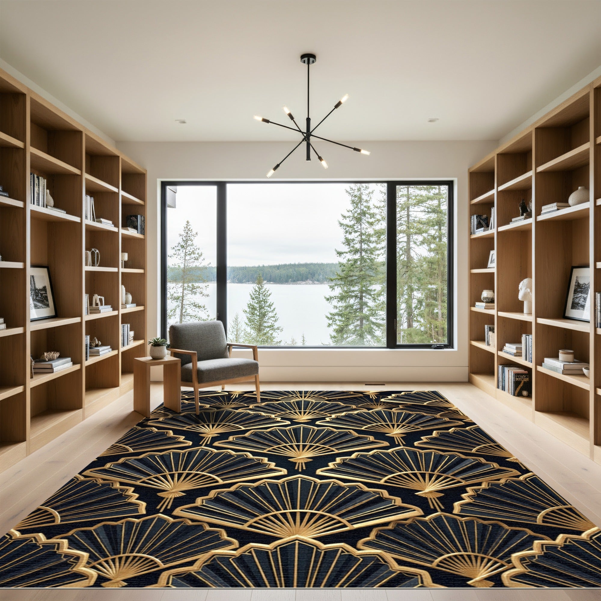 Elegant Black and Gold Art Deco Fan Rug