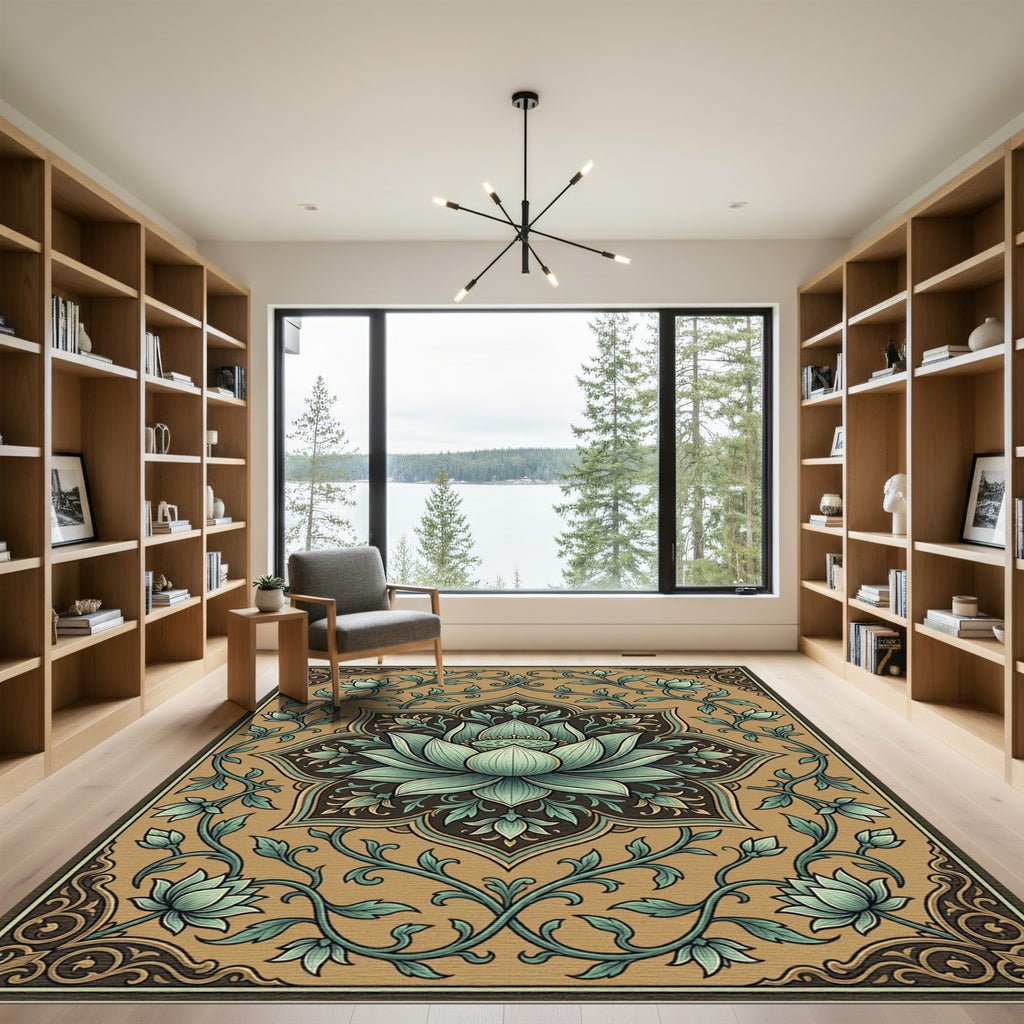 Khaki Teal Lotus Medallion Floral Rug