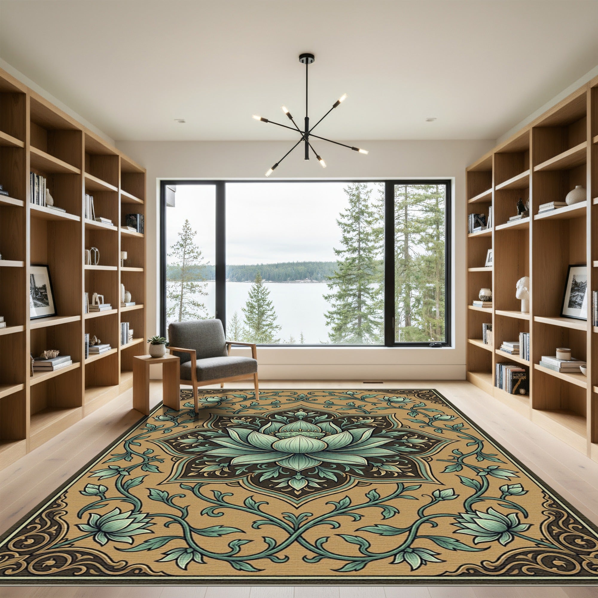 Khaki Teal Lotus Medallion Floral Rug