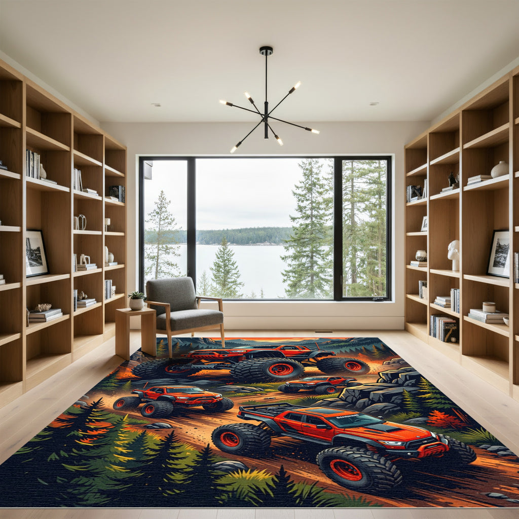 Orange Off-Road Monster Truck Mountain Scene Rug