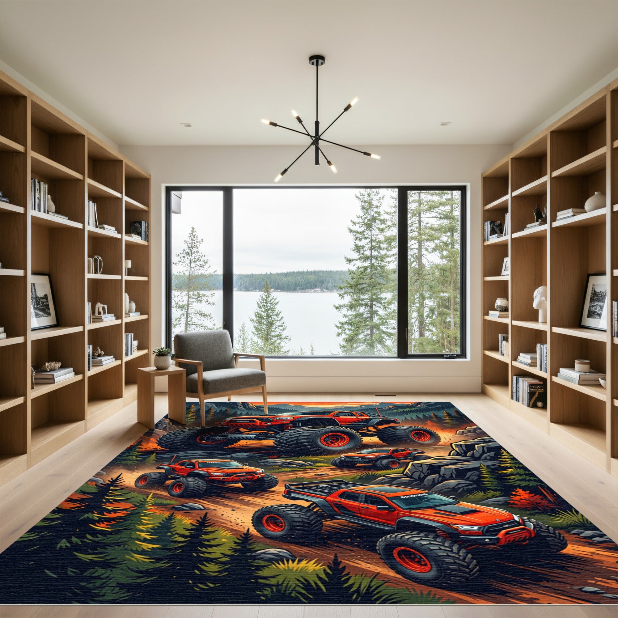 Orange Off-Road Monster Truck Mountain Scene Rug