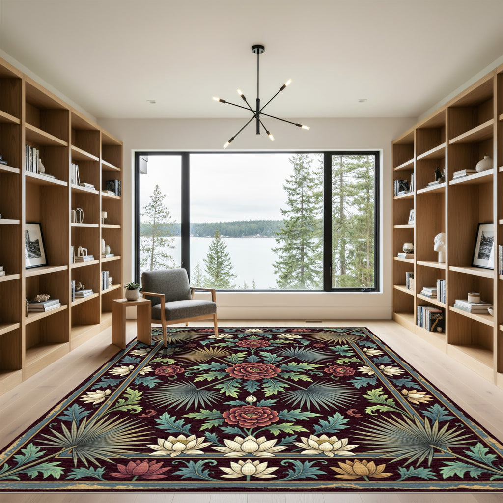 Deep Burgundy Floral Botanical Palm Rug