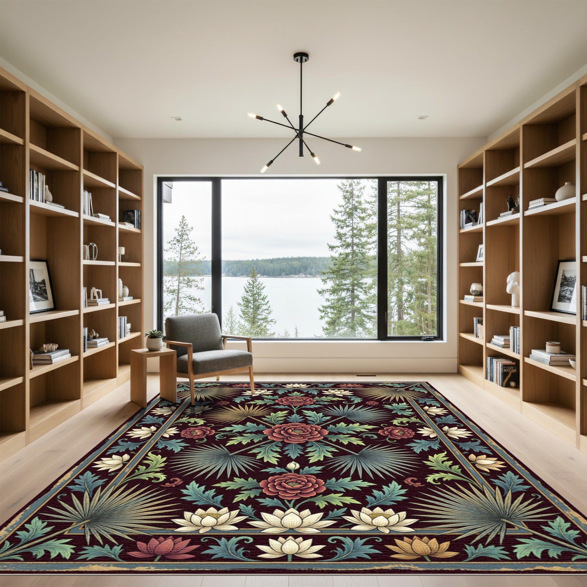 Deep Burgundy Floral Botanical Palm Rug