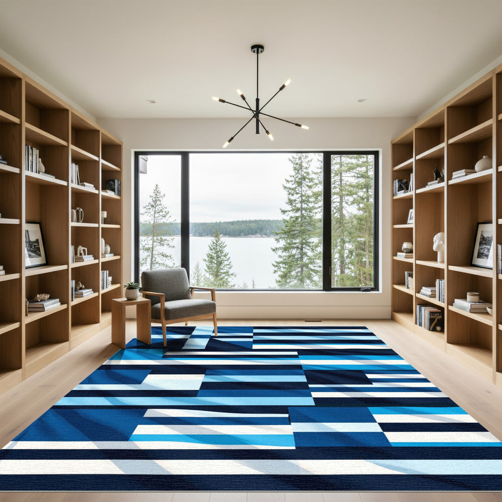 Navy Blue Striped Geometric Composition Rug