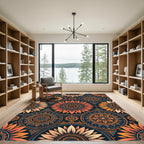 Golden Sunflower Mandala Geometric Navy Rug