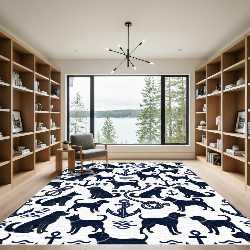 Nautical Navy Dog Anchor Rope Rug