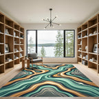 Liquid Teal and Ochre Abstract Wave Rug