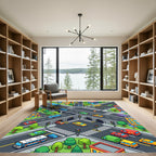 Colorful Isometric City Street Traffic Grid Rug