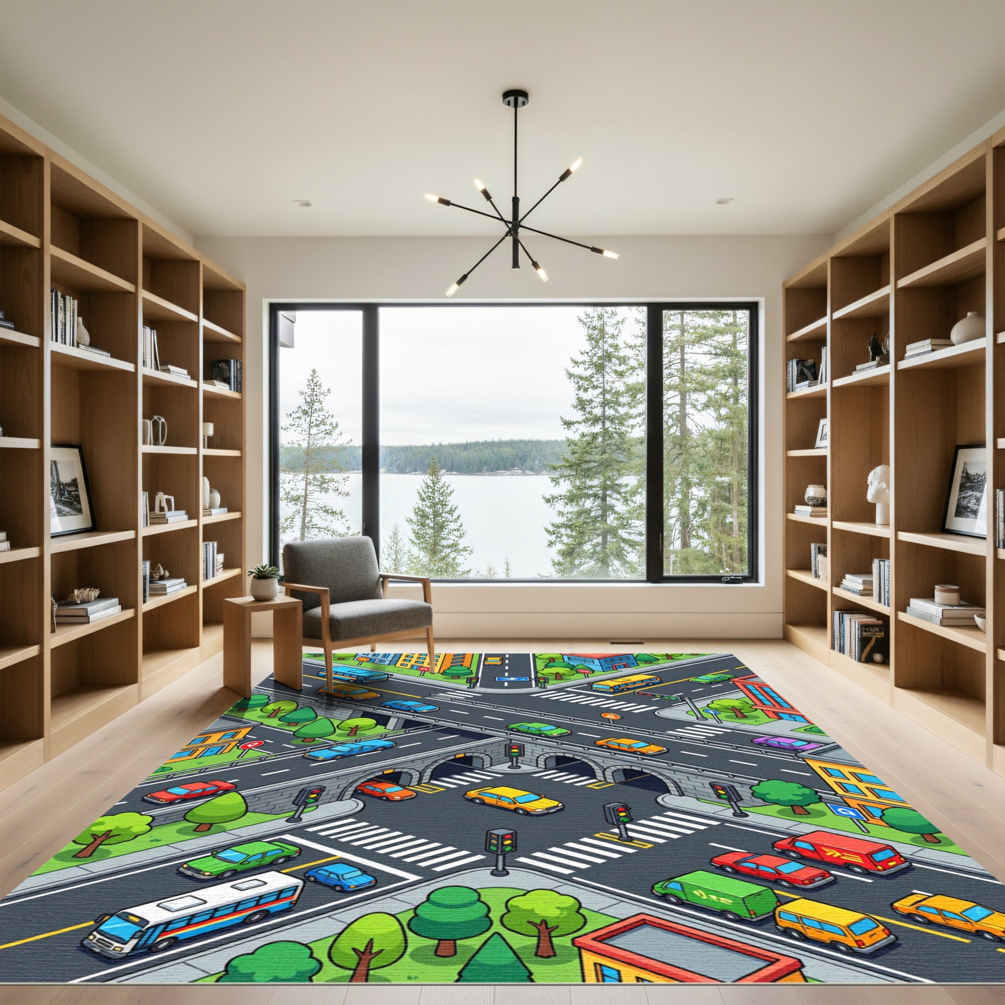 Colorful Isometric City Street Traffic Grid Rug