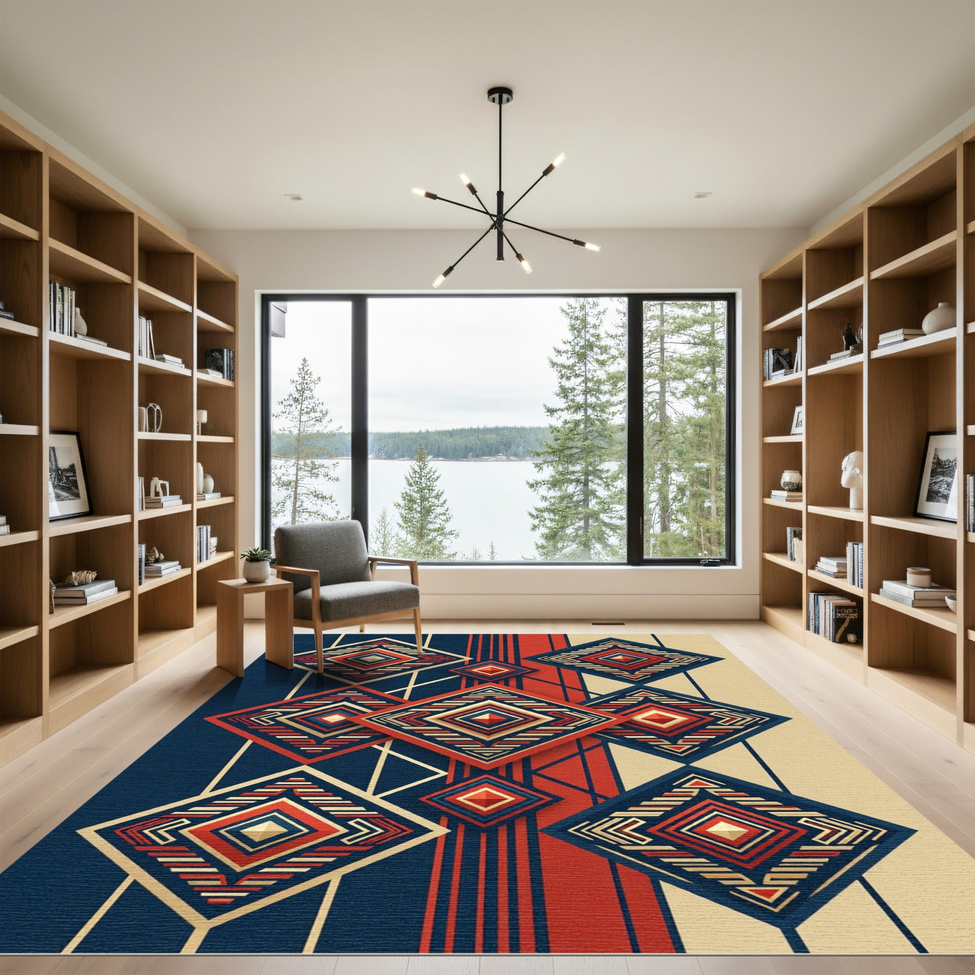 Geometric Navy Crimson Diamond Art Rug