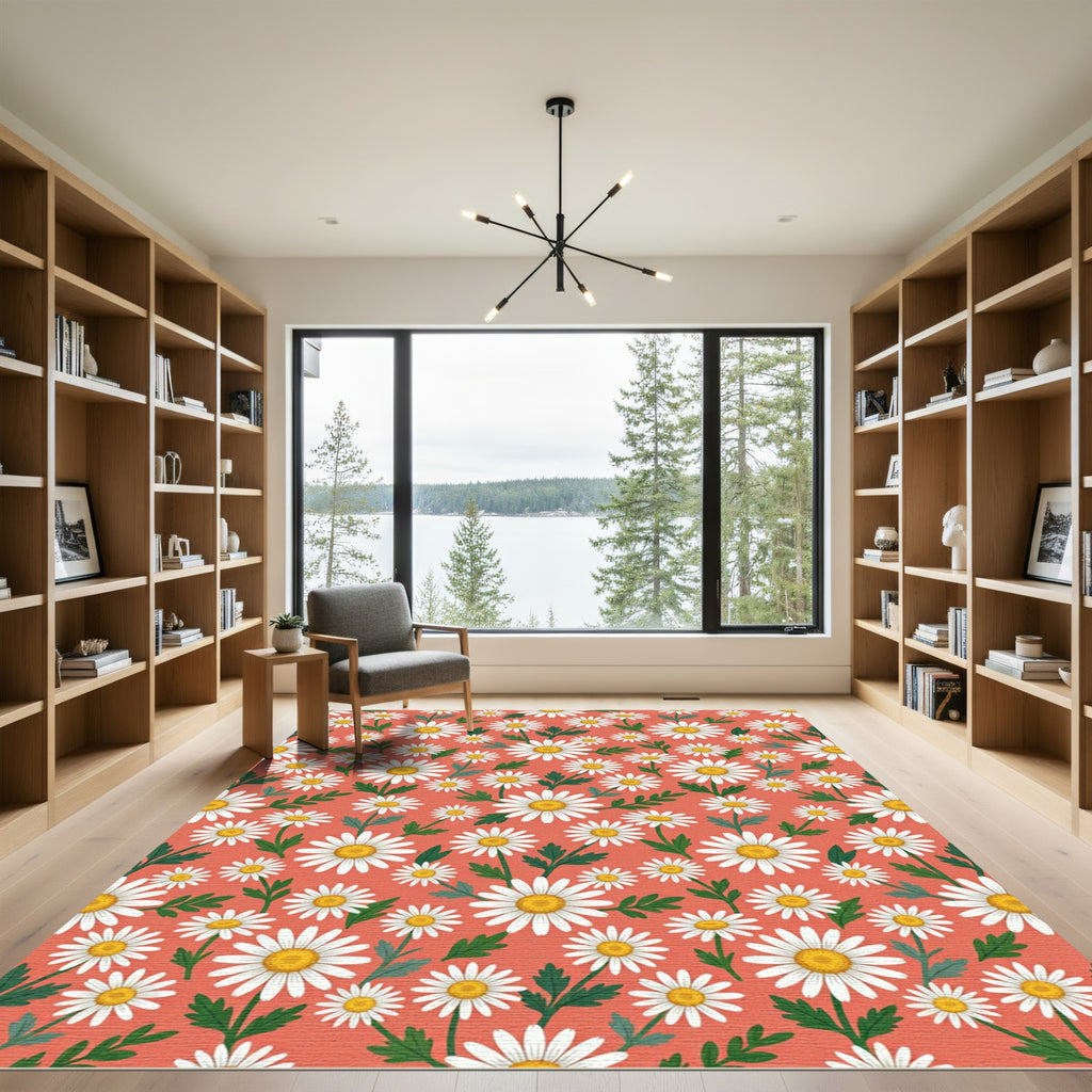 Coral Daisy Garden Floral Meadow Rug