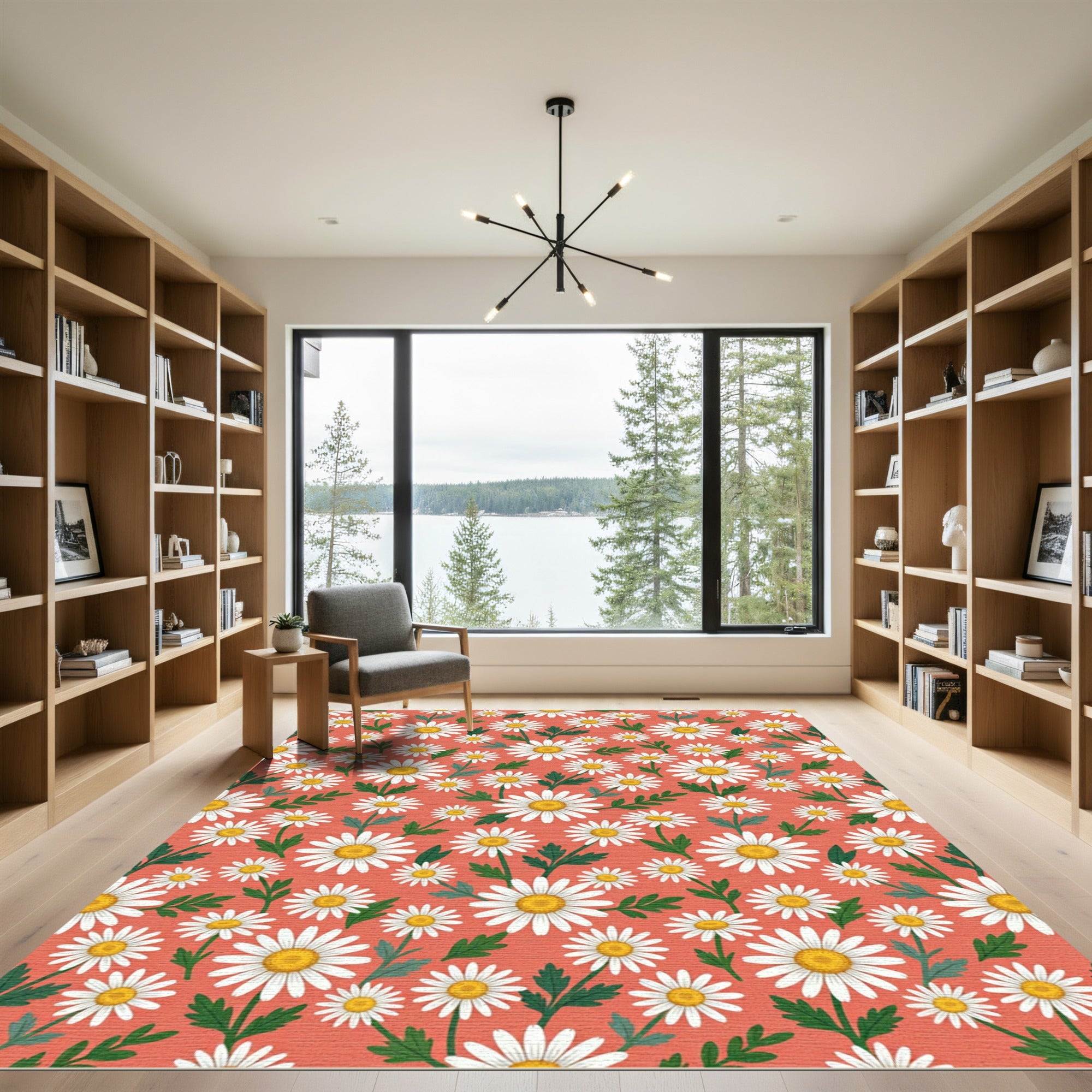 Coral Daisy Garden Floral Meadow Rug