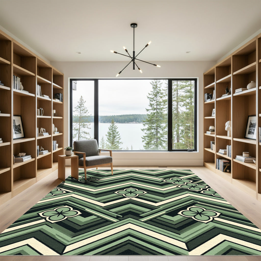 Geometric Sage Chevron Clover Accents Rug