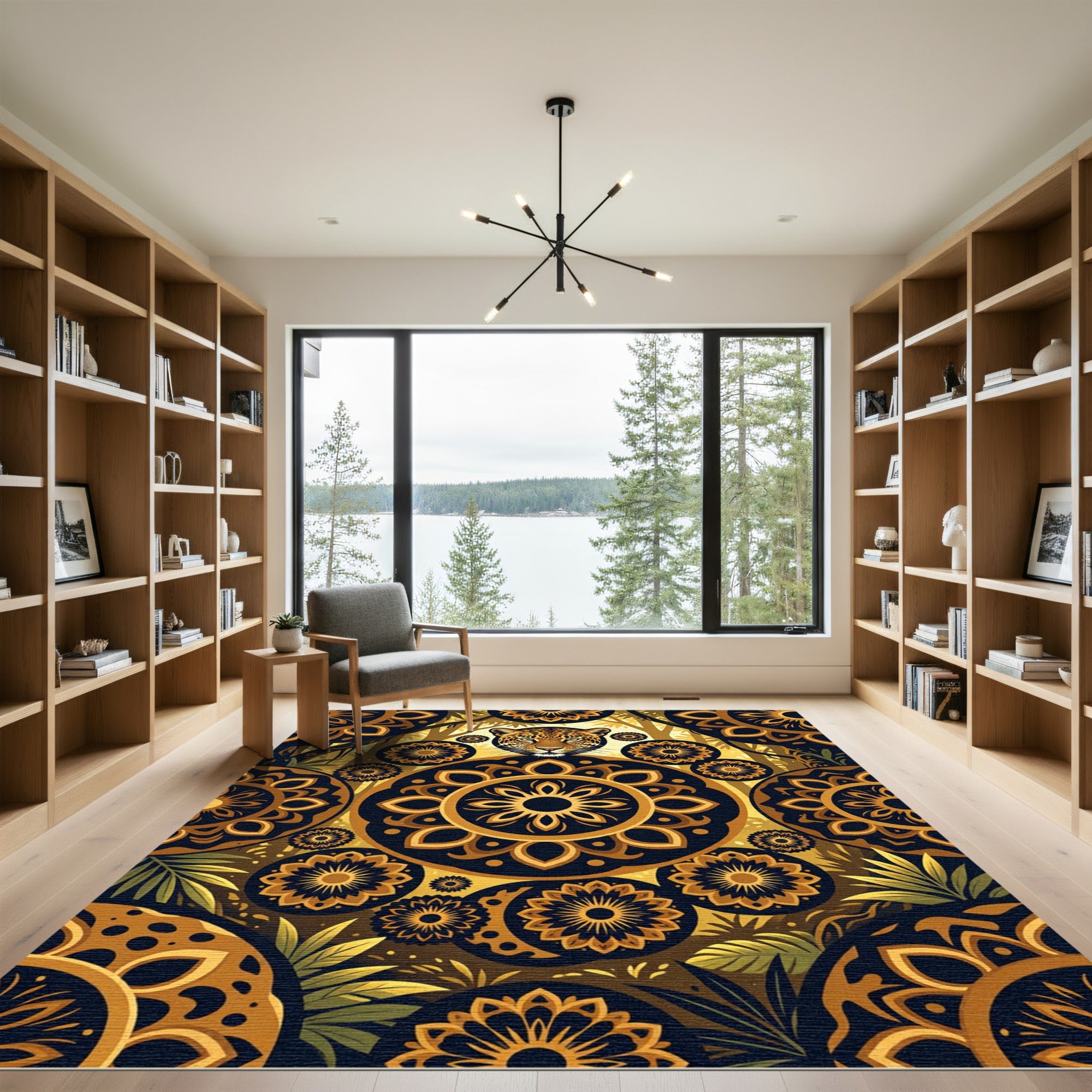 Golden Jaguar Mandala Jungle Forest Art Rug