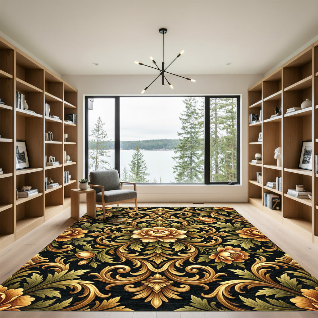 Ornate Golden Floral Baroque Scrollwork Rug
