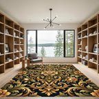 Ornate Golden Floral Baroque Scrollwork Rug
