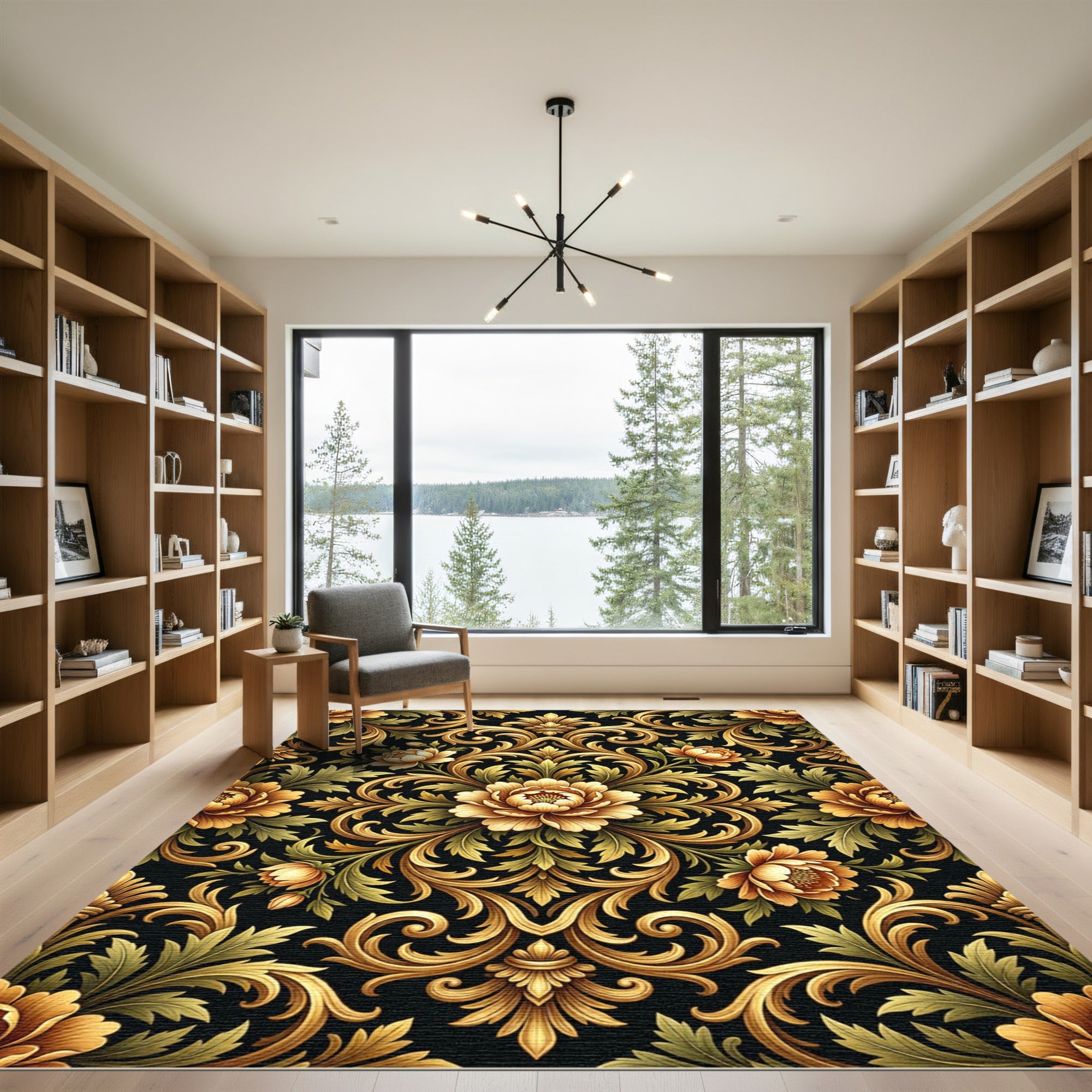 Ornate Golden Floral Baroque Scrollwork Rug