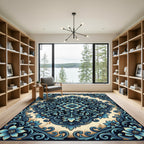 Elegant Navy and Cream Floral Medallion Rug