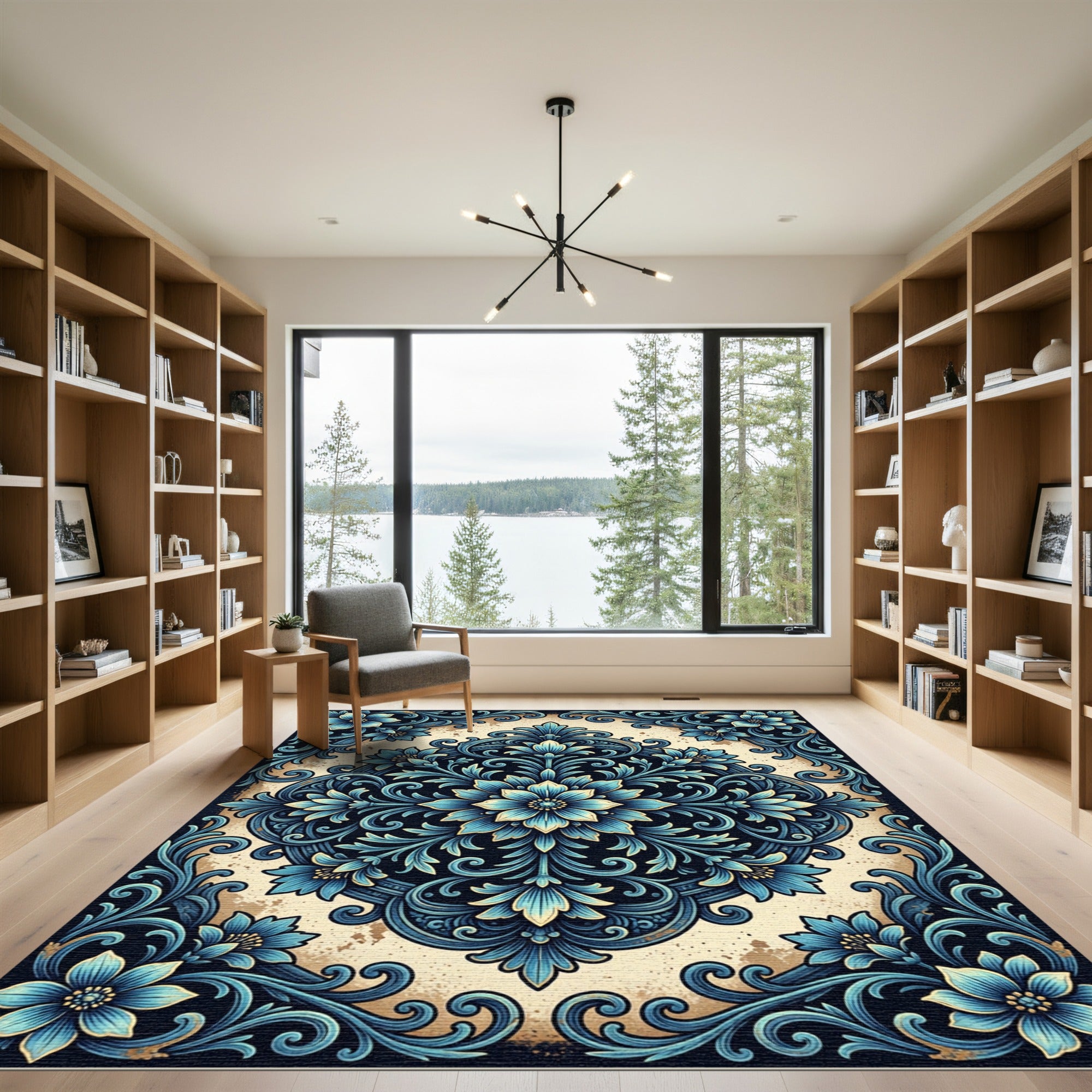 Elegant Navy and Cream Floral Medallion Rug