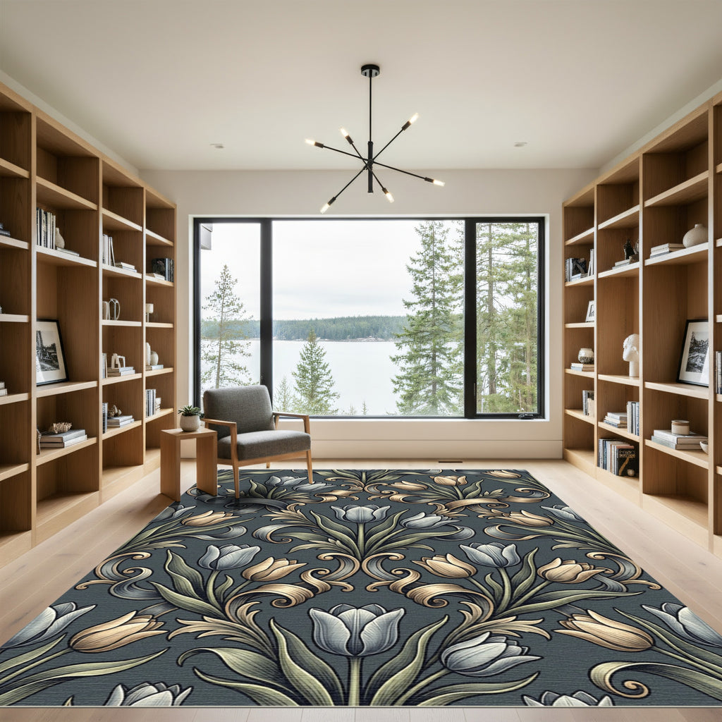 Elegant Gray and Gold Tulip Damask Rug