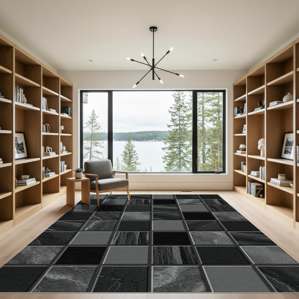 Monochrome Geometric Square Mosaic Abstract Rug