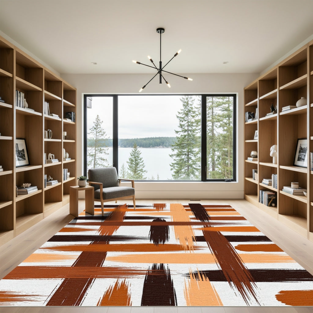 Earthy Brown Abstract Brushstroke Grid Rug