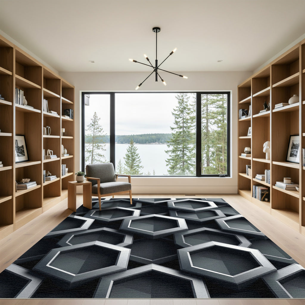Metallic Silver Three Dimensional Hexagon Geometric Rug