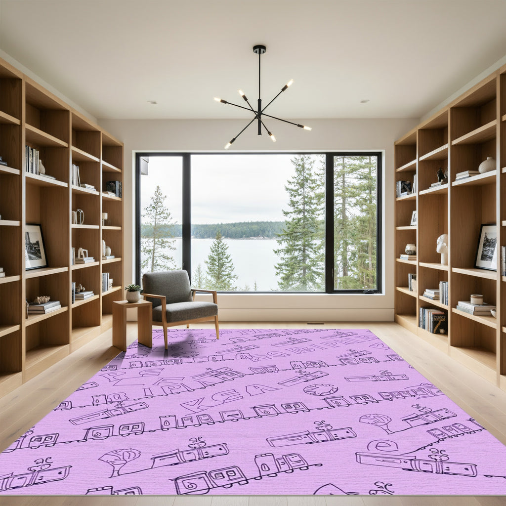 Playful Train Alphabet Purple Line Art Rug