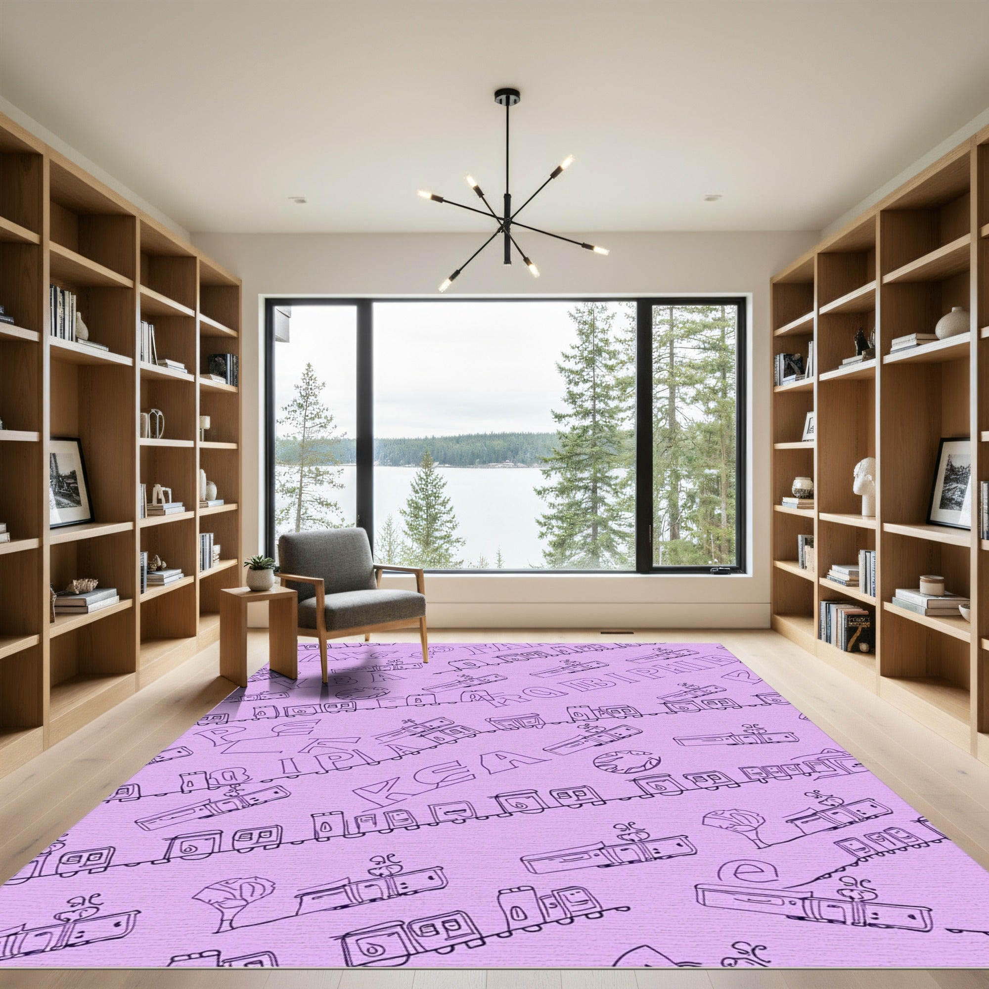 Playful Train Alphabet Purple Line Art Rug
