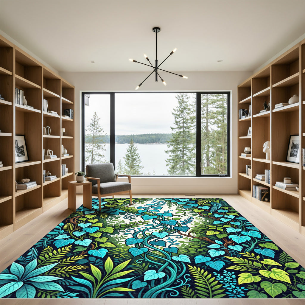 Lush Teal Botanical Foliage Vine Rug
