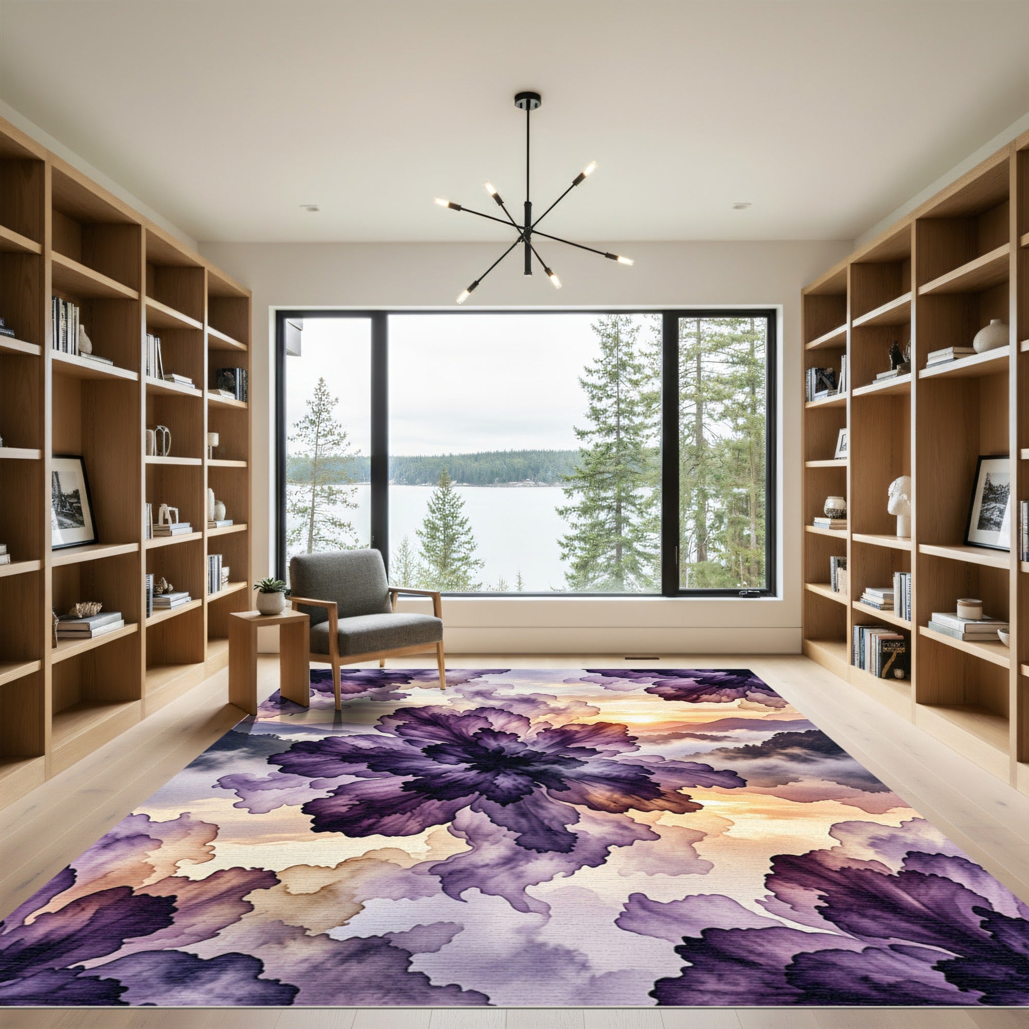 Ethereal Purple Peony Misty Mountain Sunset Rug