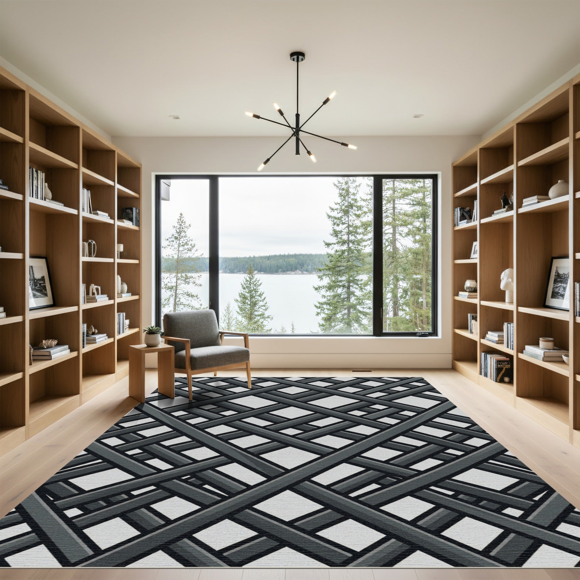 Minimalist Charcoal Gray Geometric Lattice Rug