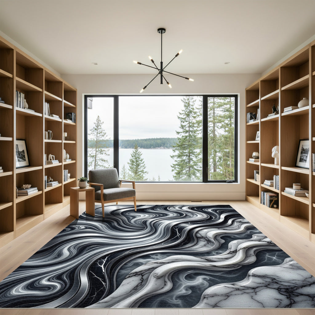 Monochromatic Fluid Swirl Marble Abstract Rug