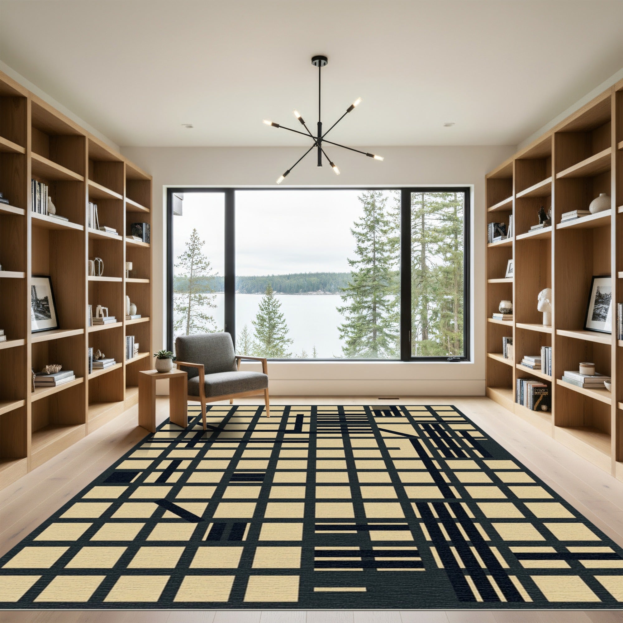 Geometric Grid Black Beige Abstracts Rug
