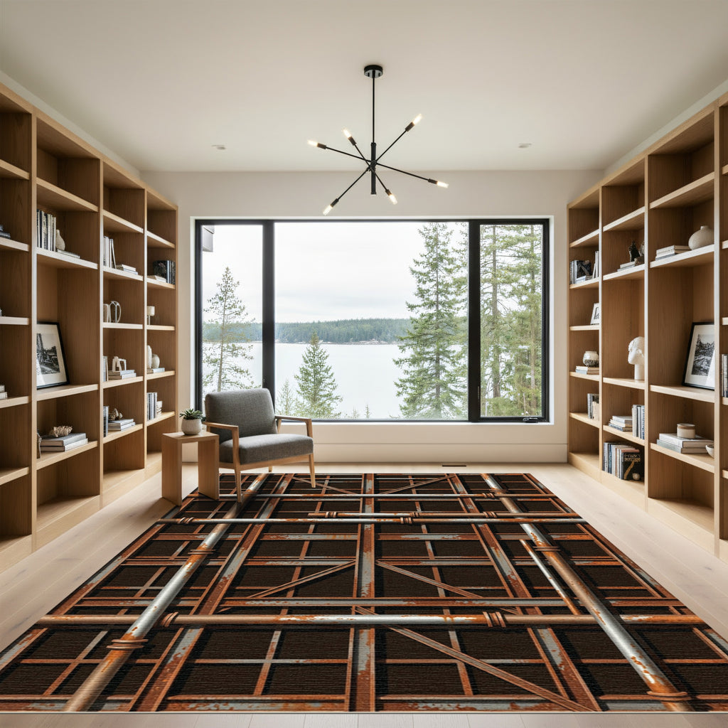 Industrial Rusted Metal Grid Pipeline Rug