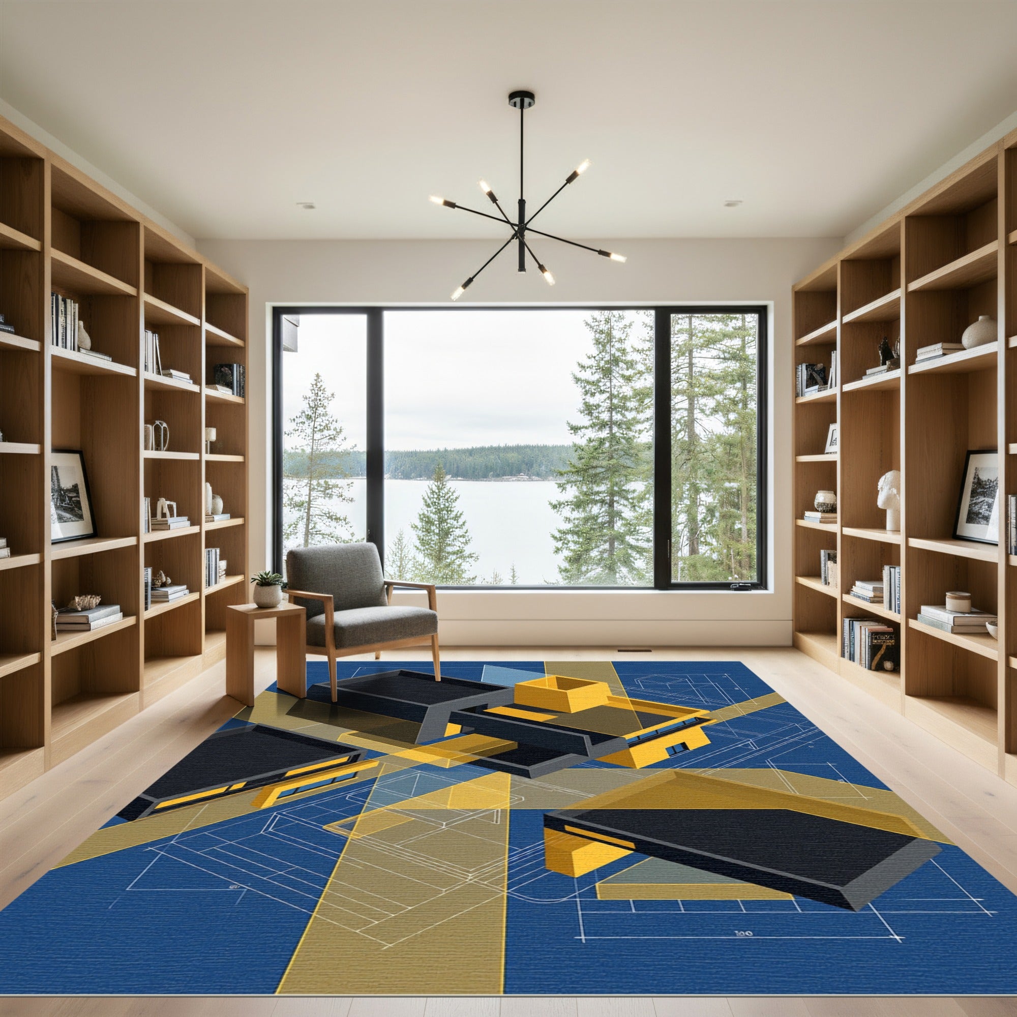 Architectural Blueprint Yellow Geometric Layers Rug