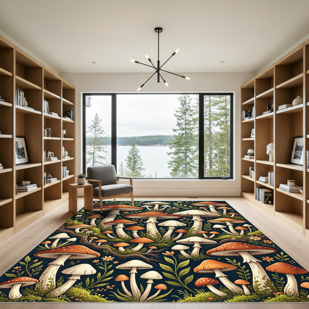 Whimsical Forest Mushroom Botanical Illustration Rug