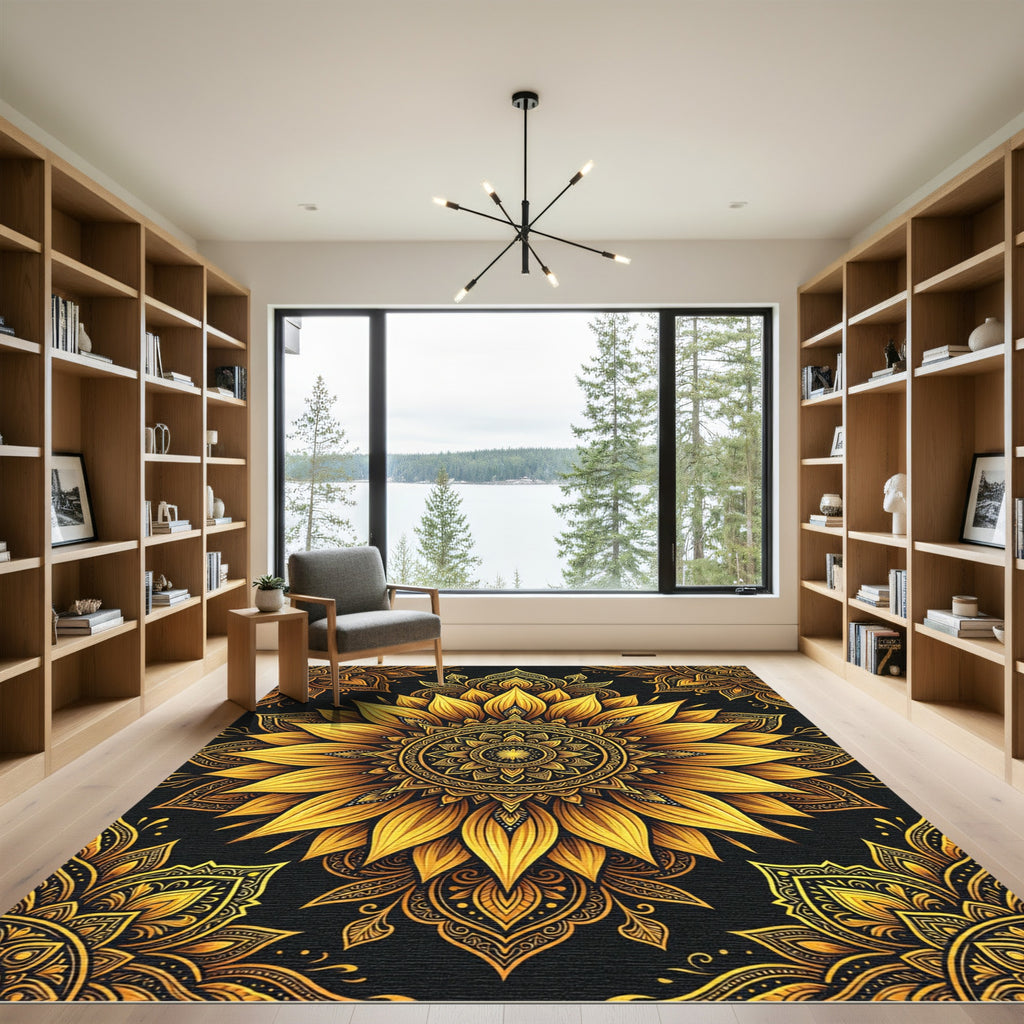 Golden Sunflower Medallion Mandala Art Rug