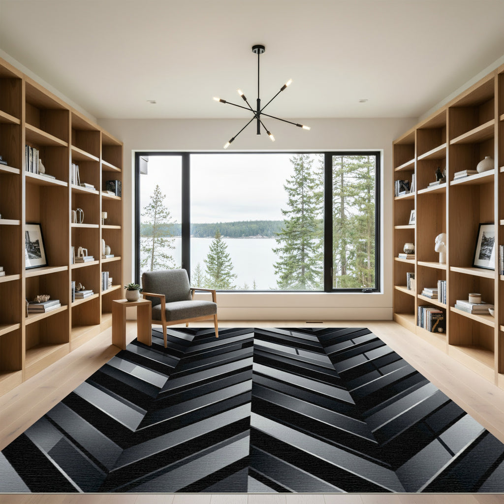 Monochromatic Herringbone Geometric Blocks Rug