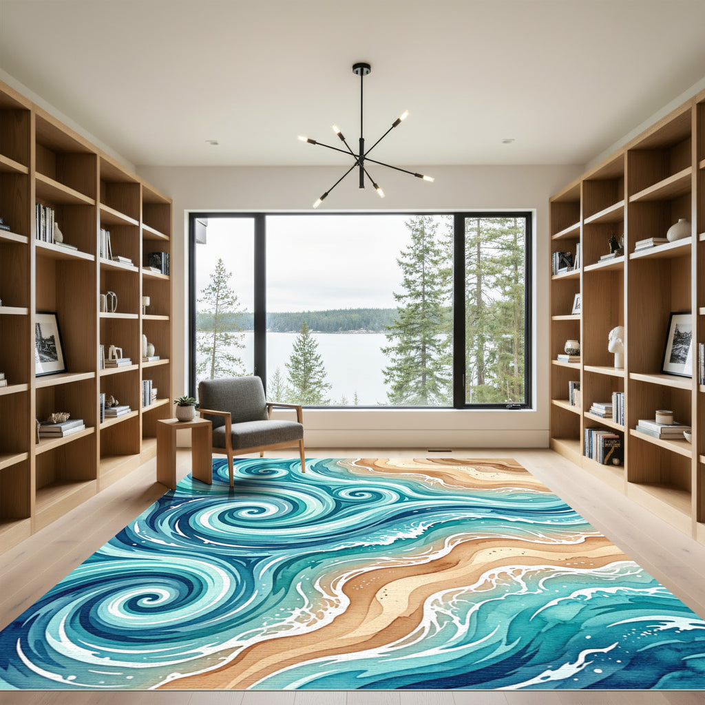 Ethereal Teal Ocean Swirl Abstract Rug