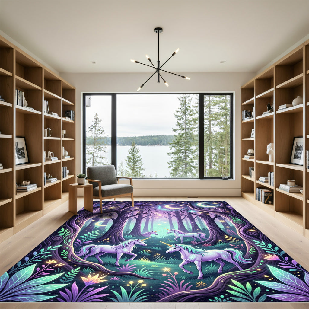 Enchanted Celestial Unicorn Forest Scene Rug