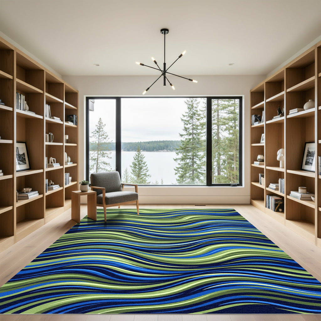 Ethereal Blue and Lime Wavy Flow Rug