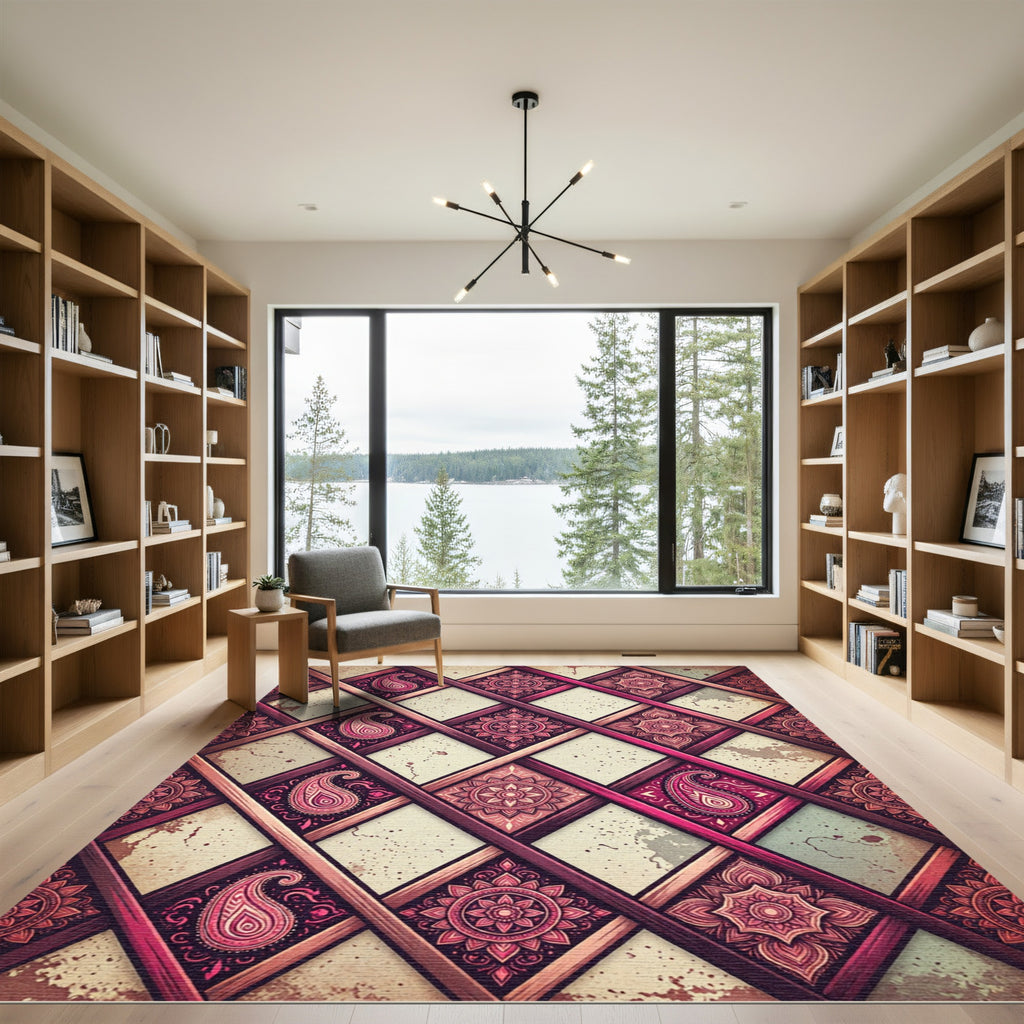 Crimson Paisley Mandala Lattice Rug