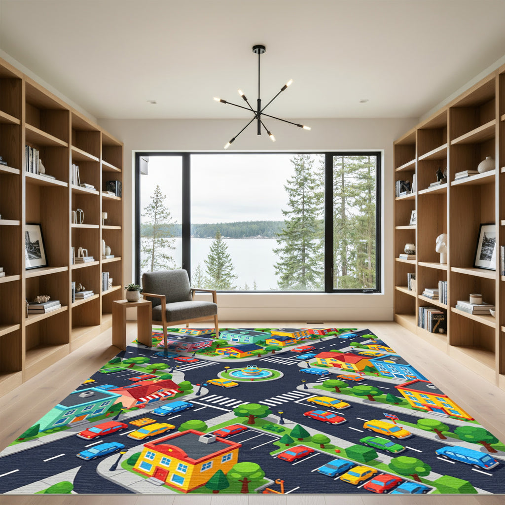 Vibrant Isometric Neighborhood Townscape Illustration Rug