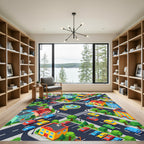 Vibrant Isometric Neighborhood Townscape Illustration Rug