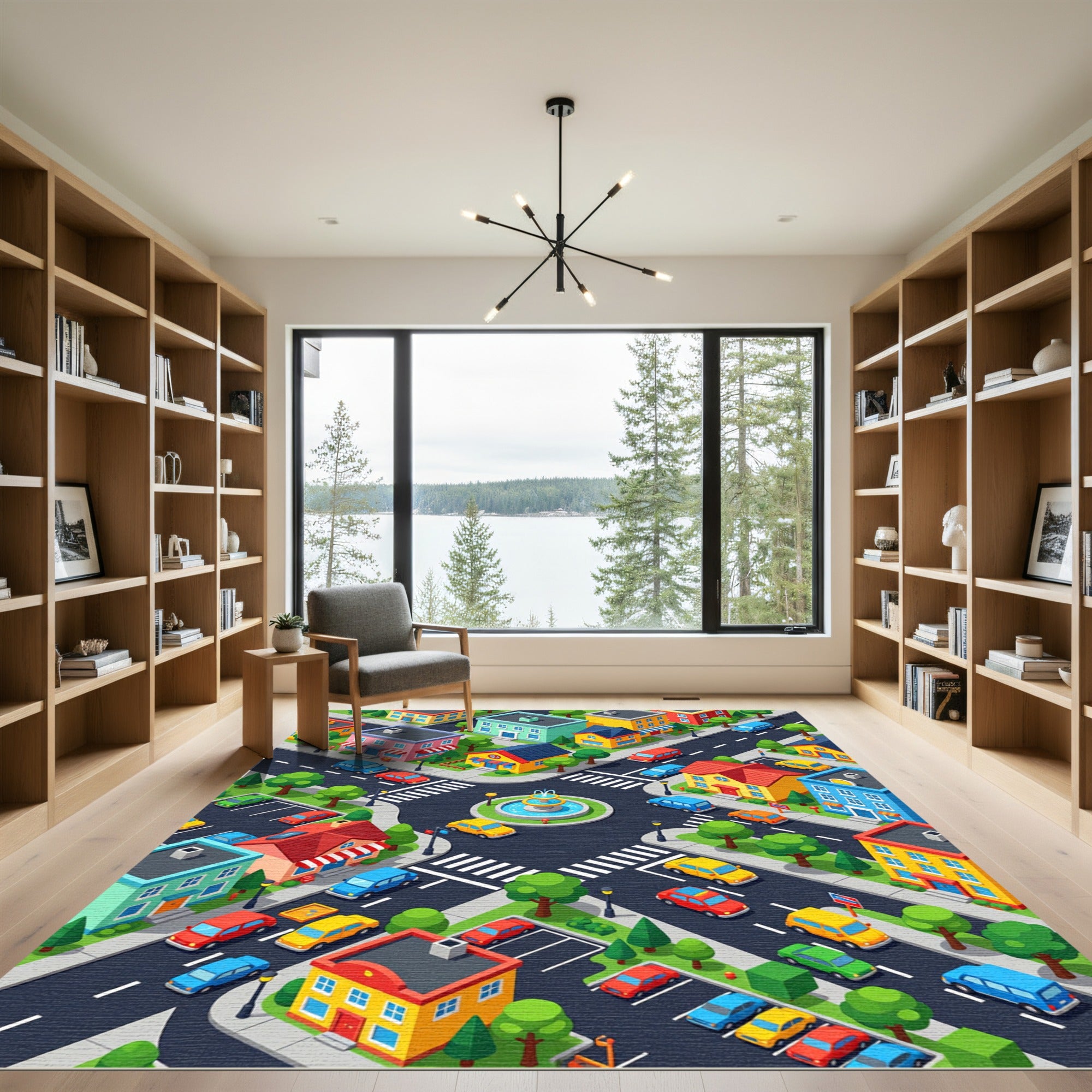 Vibrant Isometric Neighborhood Townscape Illustration Rug