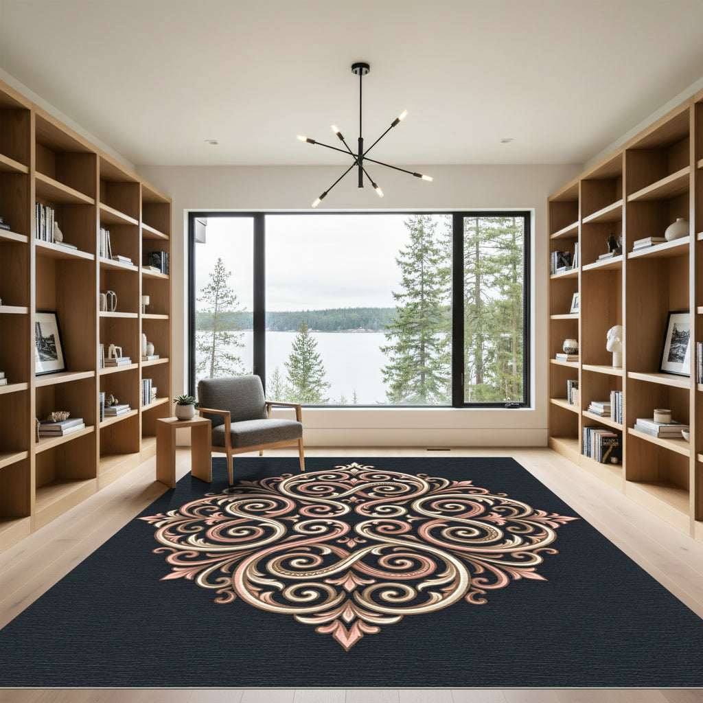 Rose Gold Scrollwork Medallion Accents Rug